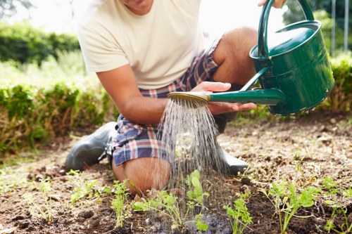 Completed eco-friendly garden area with mulched beds and recycling bins