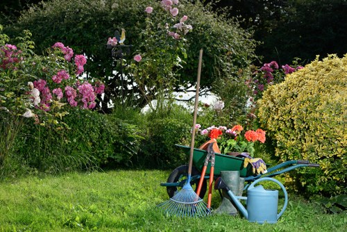 Lawn mowing team tidying a communal garden area in Norwood