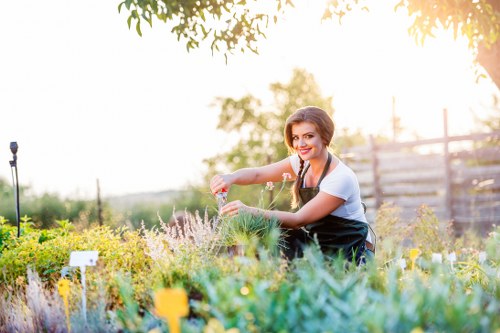 A woman tending to a garden in a suburban outdoor space during daylight hours. She is smiling and using gardening tools to care for various plants, including flowering shrubs and herbaceous plants with soft green foliage and hints of purple. The garden features a well-maintained lawn area with neatly edged flower beds, bordered by small signs indicating plant types. In the background, a wooden fence and mature trees provide privacy and shade, while sunlight filters through the leaves, casting warm natural light over the scene. The environment appears calm and inviting, reflecting typical features of a UK residential garden that requires regular maintenance. This attention to garden upkeep aligns with professional gardening and landscaping services relevant to the Norwood area. The overall setting showcases a busy but well-organized outdoor space ideal for gardening activities.