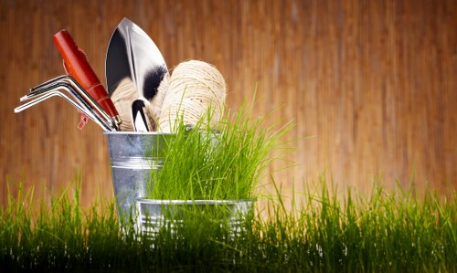 A close-up of a garden scene featuring a patch of lush, green grass in the foreground, with two metallic gardening buckets placed on the lawn. One bucket contains a variety of gardening tools, including a hand rake, trowel, and pruning shears, along with a spool of twine and a small tuft of grass. The other bucket appears to be empty. The background consists of a wooden surface, likely a garden shed or fence, providing a warm, natural backdrop. The scene is well-lit with natural daylight, suggesting a typical outdoor setting in a residential garden near Norwood. This image reflects gardening activities and tools often used in lawn and garden maintenance, aligning with services provided by Garden Maintenance Norwood, supporting the themes of gardening, landscaping, and outdoor upkeep.
